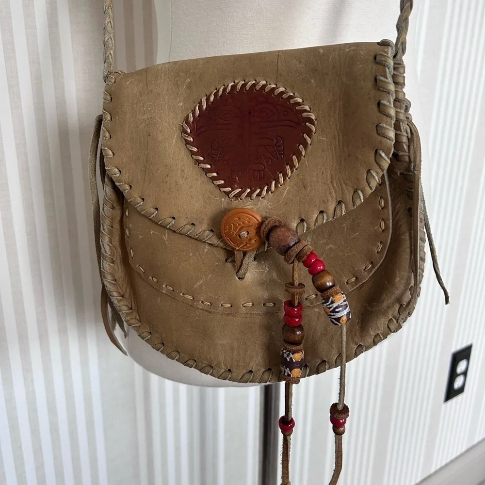 Vintage 70s Southwest Green Leather Crossbody Bag Hand Tooled Braided Handle